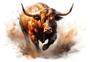 Image of running bull painting on white background. Wildlife Animals. Illustration, Generative AI.