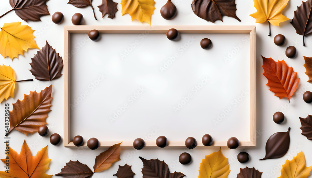 Wall mural Light wood frame flat lay on the white table with chocolates and leaves