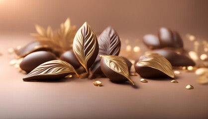 Chocolate leaves with golden decoration. Close-up elegant decadent composition. Gorumet fall aesthetic background with copy space