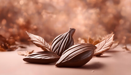 Chocolate leaves on brown background. Close-up elegant decadent composition. Gorumet fall aesthetic background with copy space