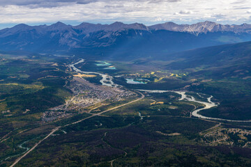 Aerial view of Jasper town and Athabasca river from Whistlers Mountain, Jasper national park, Canada.