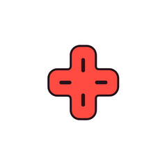 Plus sign (+) vector icon in minimalistic, black and red line work, japan web