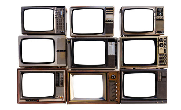 Pile of vintage televisions with cut out screen with clipping path isolated on white background.