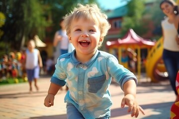 Cute little boy having fun on the playground in summer day.