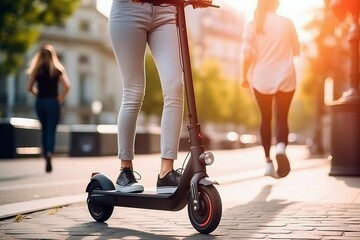 Close up of Young woman riding electric scooter in city park with natural light, eco city transport...