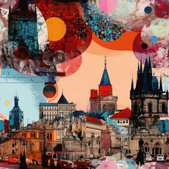 Travel European art collage repeat pattern Czech Prague - obrazy, fototapety, plakaty