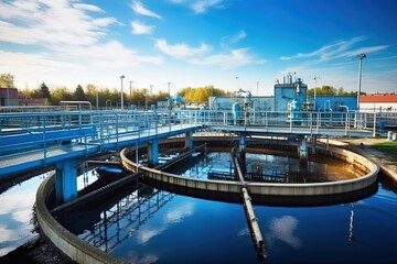 Industrial wastewater treatment, Water recycling on sewage treatment station, purification in the tank by biological organisms on the water station - obrazy, fototapety, plakaty