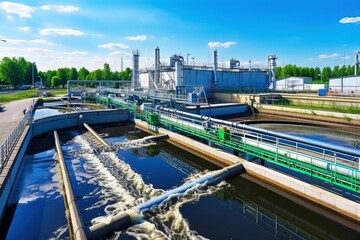 Industrial wastewater treatment, Water recycling on sewage treatment station, purification in the tank by biological organisms on the water station - obrazy, fototapety, plakaty