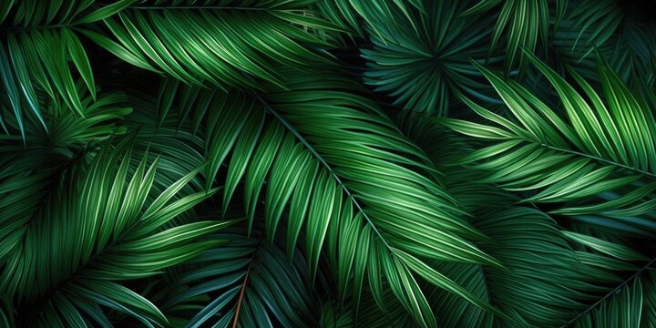 Dark green palm leaves dramatic photo effect background, realism, realistic, hyper realistic. Generative AI image weber.