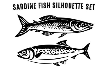 Set of Sardine Fish Silhouette vector illustration, Black Silhouettes of Fish Bundle