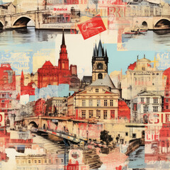 European Czech Prague travel art collage repeat pattern - obrazy, fototapety, plakaty