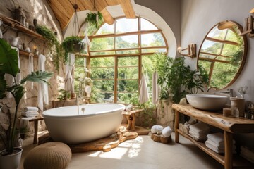 The interior of the natural bathroom is decorated in a natural style with natural furniture
