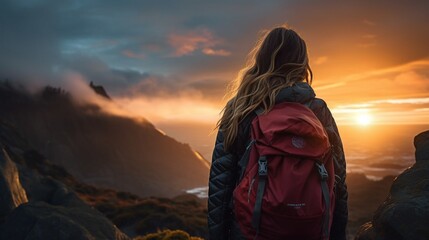 Woman watching the sunset, hiker with beautiful view, Beautiful sunset in the mountains, Generative Ai