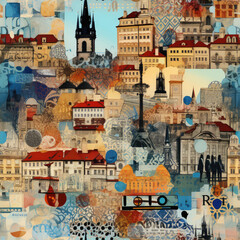 European Czech Prague travel art collage repeat pattern - obrazy, fototapety, plakaty