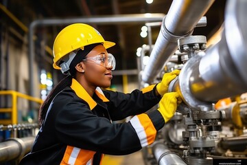 African American female factory worker checks the quality of pipe connections. Gas pipeline as a means of supplying the plant with energy and heat.