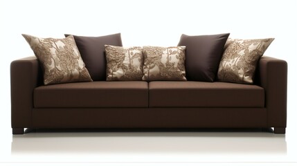 Modern Chocolate Sofa With cushions Isolated on White Background.
