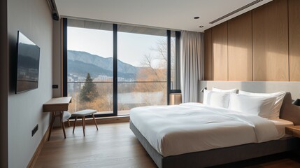 A Modern Hotel Room with a Stunning Window Front View of Majestic Mountains.