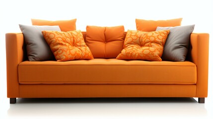 Modern Orange Sofa With cushions Isolated on White Background.