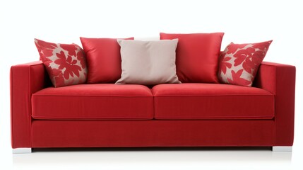 Modern Red Sofa With cushions Isolated on White Background.