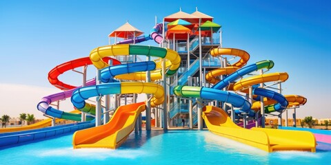 illustration of waterslides at a water park, generative AI - obrazy, fototapety, plakaty