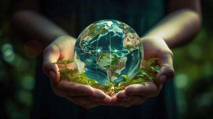 Hand holding a globe ball, growing trees and green nature blurred background. Ecological concept love the environment