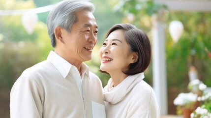 Naklejka premium Asian senior couple smiling at the camera. Family mature couple portrait