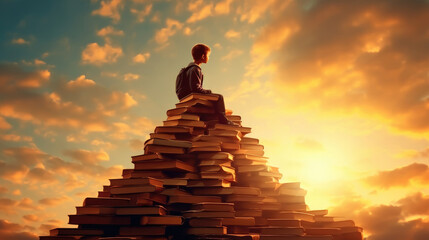 Fototapeta na wymiar Back to school! Happy cute industrious child sitting on the tower of books on background of sunset sky. Concept of education and reading. The development of the imagination.