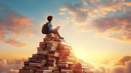Back to school! Happy cute industrious child sitting on the tower of books on background of sunset sky. Concept of education and reading. The development of the imagination. - obrazy, fototapety, plakaty