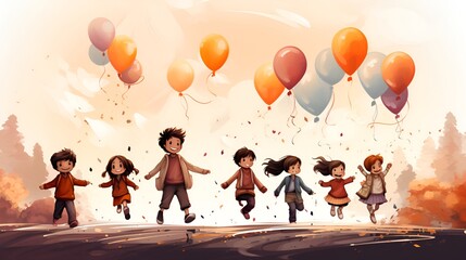 illustration of children running with balloons happily