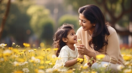 Obraz premium Happy Indian mother having fun with her daughter outdoor - Family and love concept - Focus on mum face