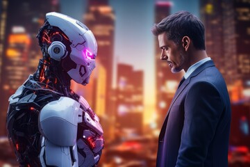 Human VS Artificial Intelligence Concept, Businessman and Robot Heads Facing Each Other on Neon Light Background