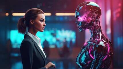 Human VS Artificial Intelligence Concept, Businesswoman and Robot Heads Facing Each Other on Neon Light Background.