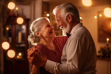 Keep moving. Romantic senior family couple wife and husband dancing to music together in living room, smiling laughing retired man and woman having fun, enjoying free time together at home