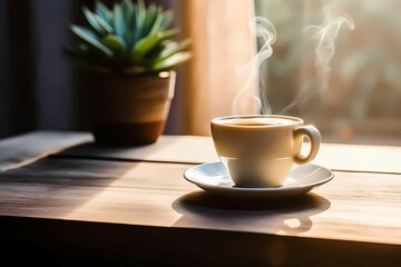 a cup of hot coffee on a wooden table with morning sunlight from the window.