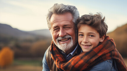 Fototapeta premium Warm relationships. Joyful nice loving boy standing behind his grandfather and hugging his while expressing his feelings