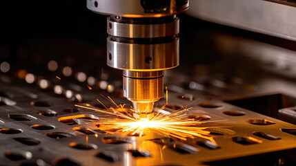 CNC Laser cutting of metal, The laser optics and CNC (computer numerical control) are used to direct the material or the laser beam generated  in the industrial. Generative Ai
