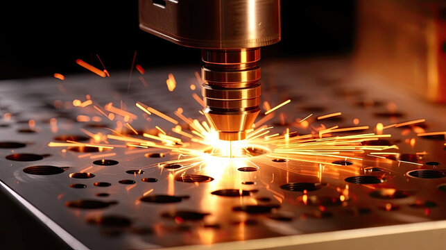CNC Laser cutting of metal, The laser optics and CNC (computer numerical control) are used to direct the material or the laser beam generated  in the industrial. Generative Ai