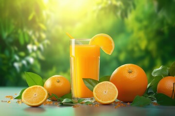 Fresh Orange Juice on Aesthetic Scenery Nature Background, Fruit Juicy Rich in Vitamin