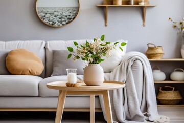 Scandinavian living room interior with design grey sofa, wooden coffee table, plants, shelf, spring flowers in vase, decoration and elegant personal accessories at home decor. generative ai. 