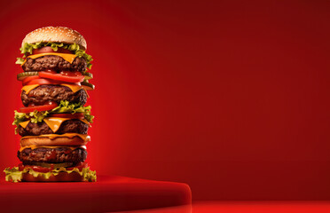 A very tall hamburger, on a red background - obrazy, fototapety, plakaty