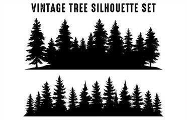 Pine Tree Forest Silhouette Vector, Vintage forest trees Silhouettes black Clipart - obrazy, fototapety, plakaty