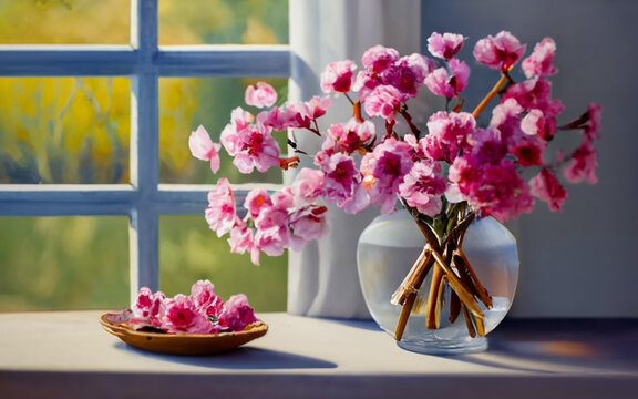 the glass vase with pink blossoms in the gentle, warm light of the morning sun.