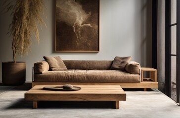 Living room with wooden walls and furniture, in the style of soft and rounded forms, naturalistic realism, earth tones, minimalist sets, minimalist and monochromatic, wood, exotic atmosphere