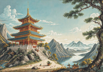 Obraz premium Journey to Tranquility: The Path to the Cliffside Temple