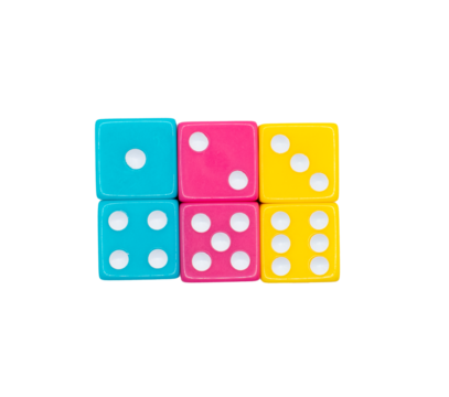 six colorful dice on a transparent background 