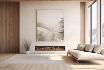 White sofa and wooden coffee table against fireplace with firewood stack. Minimalist scandinavian home interior design of modern living room.