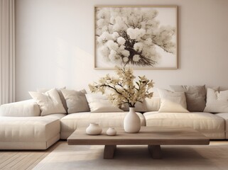 Scandinavian style living room. Modern interior with frames on the wall