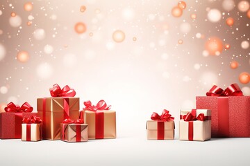 Christmas present packing with festive gifts and tools border on white backdrop. New Year's decor, copy space. Generative AI