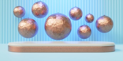 3d render of podium stage golden balls on background