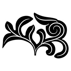 Stylized branch with leaves. Ethnic botanical motif. Floral design. Black and white silhouette.